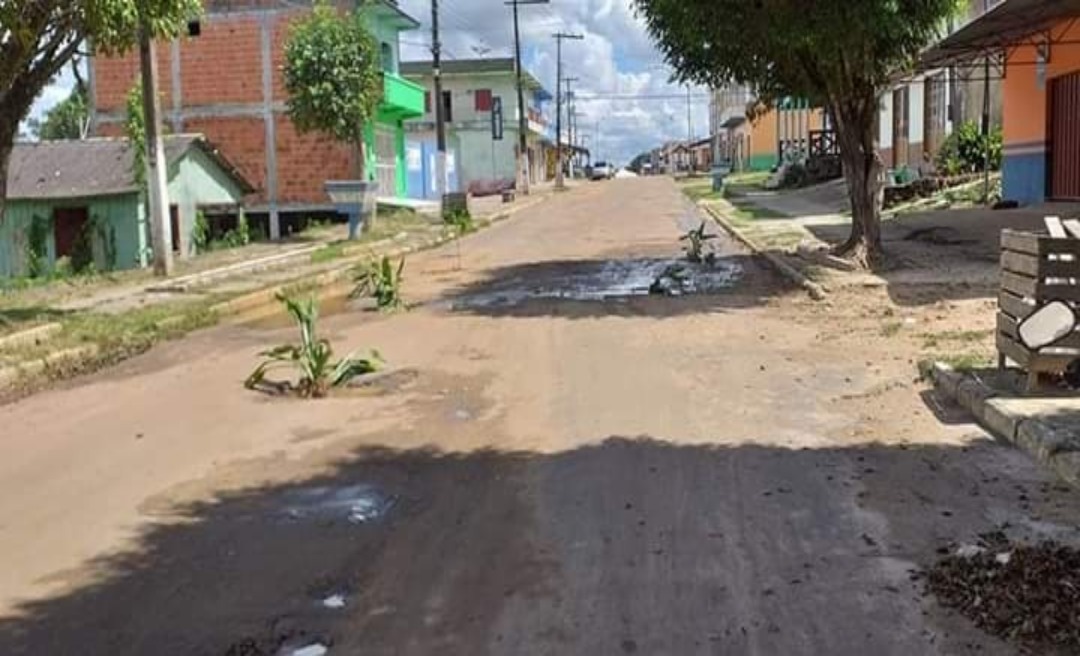 Moradores de Rodrigues Alves plantam bananeiras e pés de mandioca em rua esburacada em protesto contra a prefeitura