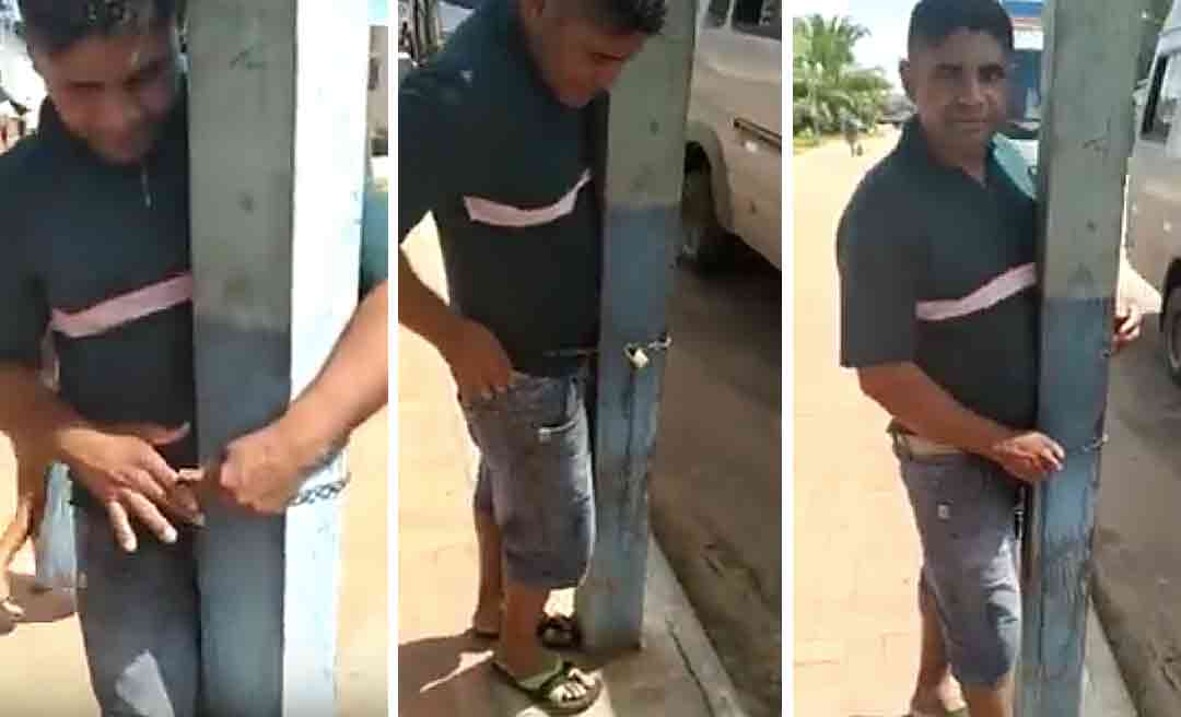 Homem é acorrentado pela própria mulher em ponto de vans em Cruzeiro do Sul; Assista ao vídeo