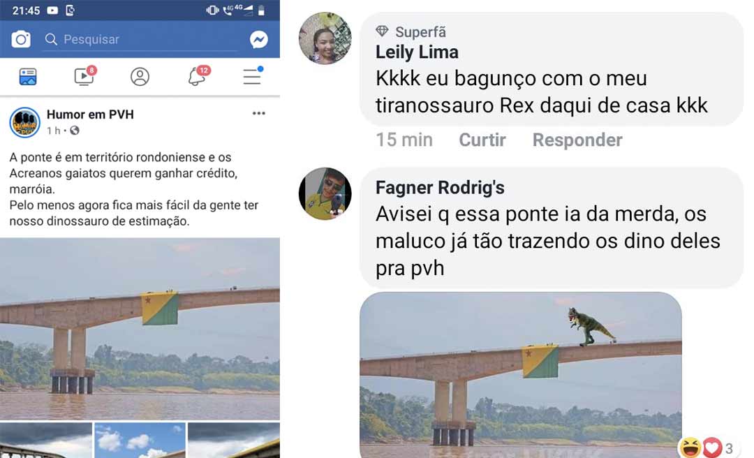 Página de Porto Velho brinca com imagem da bandeira do Acre na ponte do Madeira: 'Acreanos gaiatos querem ganhar crédito'