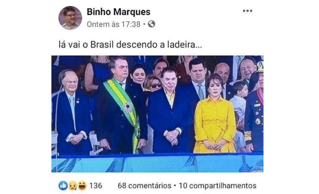 Binho posta foto de Bolsonaro ao lado de Silvio Santos e Edir Macedo e diz: "Lá vai o Brasil descendo a ladeira"; apoiadores do presidente protestam