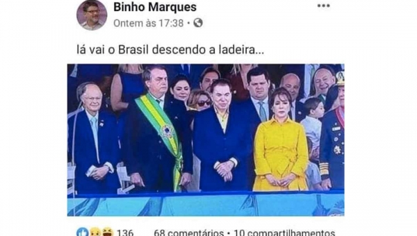 Binho posta foto de Bolsonaro ao lado de Silvio Santos e Edir Macedo e diz: "Lá vai o Brasil descendo a ladeira"; apoiadores do presidente protestam