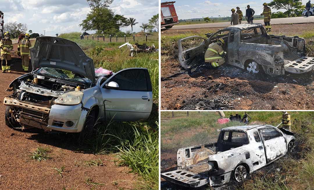 Carro parte ao meio e outro pega fogo após batida na BR-317 no Acre