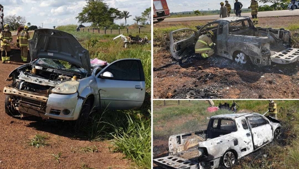 Carro parte ao meio e outro pega fogo após batida na BR-317 no Acre