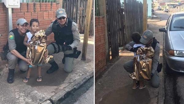 Fã da Polícia Militar, garoto de 3 anos recebe visita de policiais militares