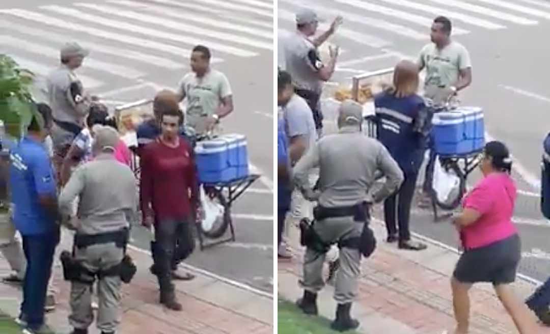 Vídeo mostra vendedor de salgados sendo obrigado a se retirar de via pública por fiscais e policiais na capital