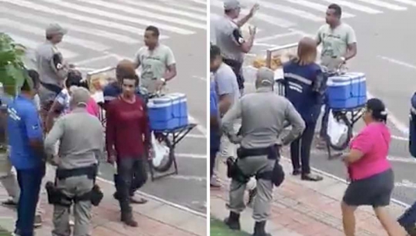 Vídeo mostra vendedor de salgados sendo obrigado a se retirar de via pública por fiscais e policiais na capital