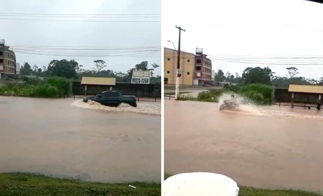 Chuva alaga ruas em Rio Branco na manhã desta sexta-feira; Friale prevê transtornos
