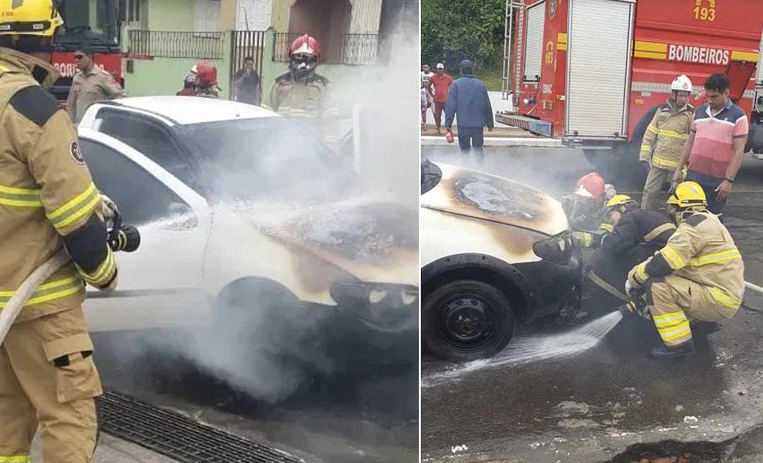 Veículo pega fogo no centro de Cruzeiro do Sul na manhã desta segunda-feira