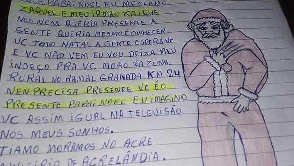 Crianças de cidade no Acre escrevem carta ao Papai Noel com pedido especial: "Todo Natal a gente espera você e você não vem"