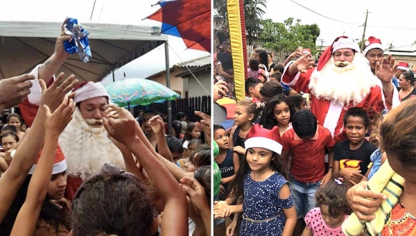 Presidente do PT do Acre se veste de Papai Noel e distribui presentes a crianças