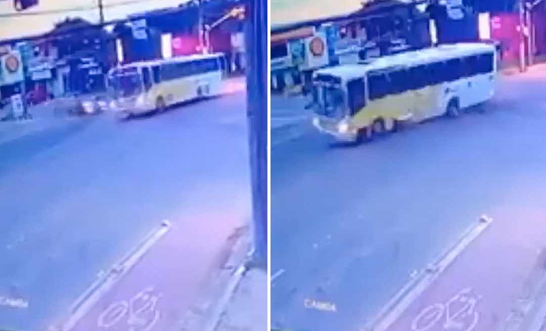 Vídeo mostra assaltantes batendo com carro roubado em ônibus em Rio Branco