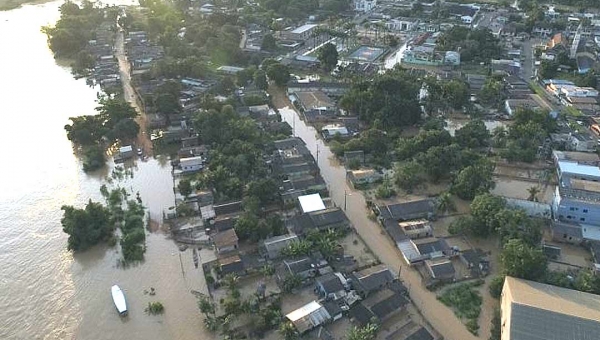 Cheia do Rio Acre já expulsa mais de 50 famílias de casa em Brasiléia e Rio Branco