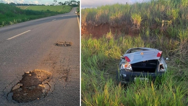 Carro bate em buraco e capota várias vezes na Estrada do Pacífico