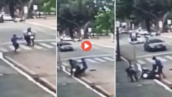 Bandido derruba motociclista e rouba moto no meio do trânsito na Gameleira, em Rio Branco; assista ao vídeo