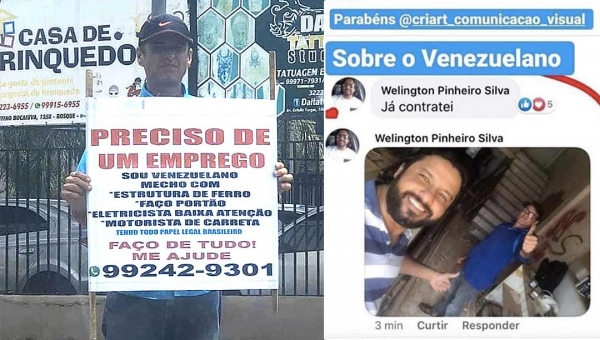 Venezuelano inova, pede emprego no sinal com cartaz e empresário acreano o contrata