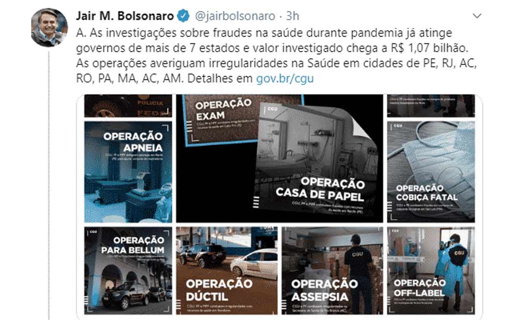 Bolsonaro divulga operações contra corrupção na saúde, e cita operação no Acre