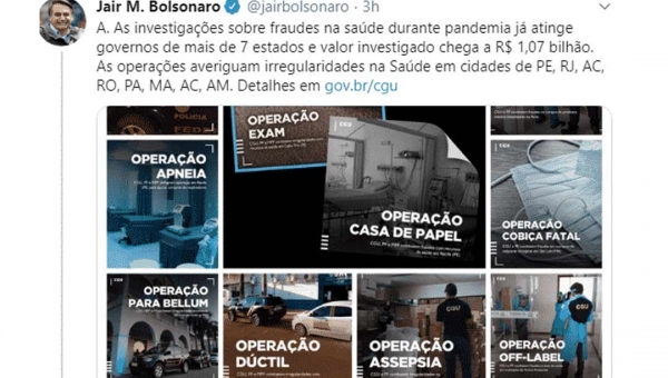 Bolsonaro divulga operações contra corrupção na saúde, e cita operação no Acre