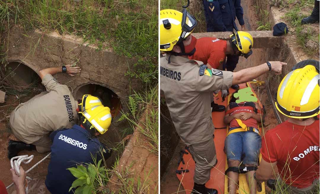 Jovem é resgatada de bueiro por bombeiros em Cruzeiro do Sul