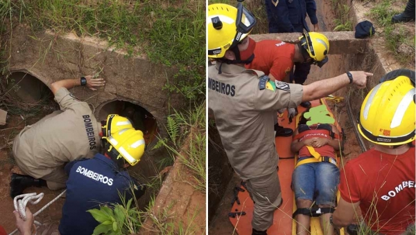 Jovem é resgatada de bueiro por bombeiros em Cruzeiro do Sul