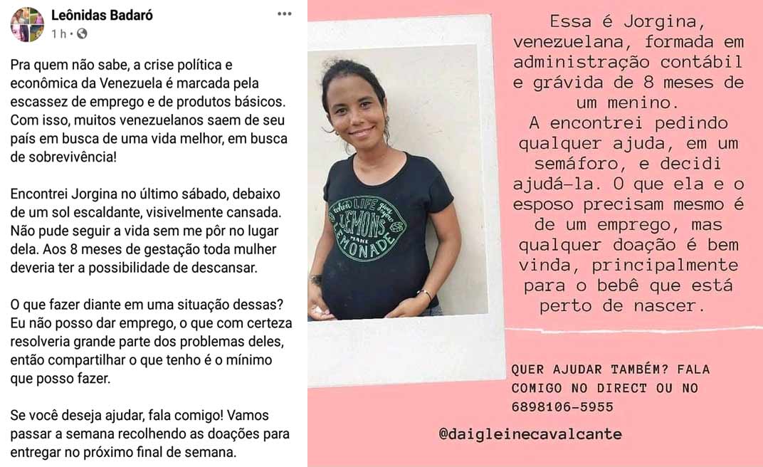 Venezuelana grávida de 8 meses comove casal de jornalistas, que inicia campanha para doações