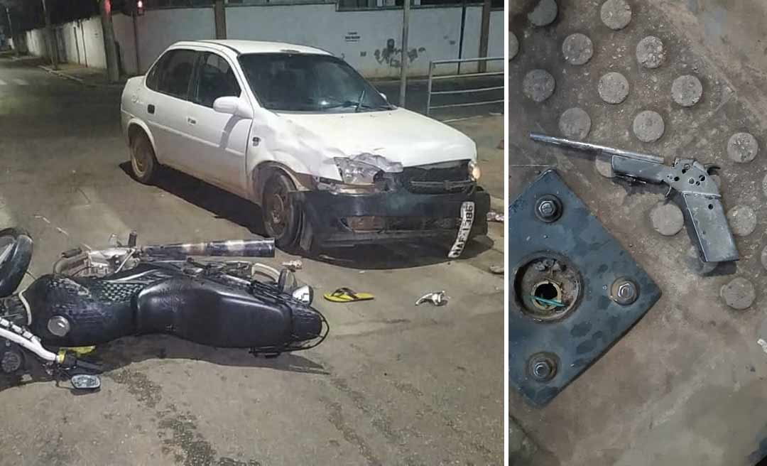 Armada e carregando bebida alcoólica, dupla em motocicleta fura sinal e colide com veículo 