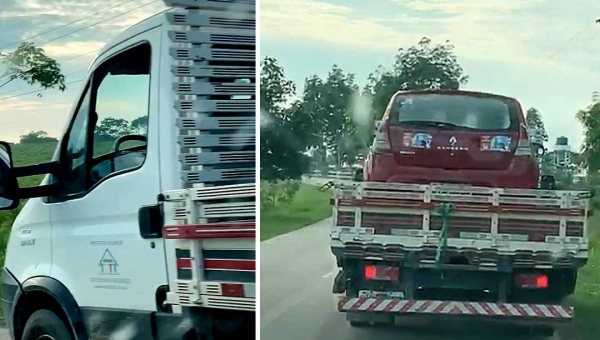 Internauta flagra caminhão da Prefeitura de Xapuri transportando suposto carro de vereador