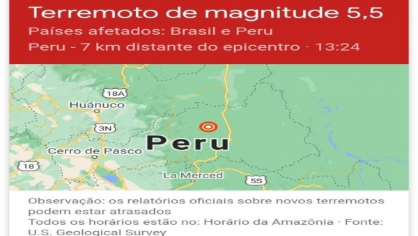 Terremoto em cidade do Peru é sentido em Cruzeiro do Sul, no Acre; "Alguém mais sentiu balançar?", pergunta ex-prefeito ao relatar tremor