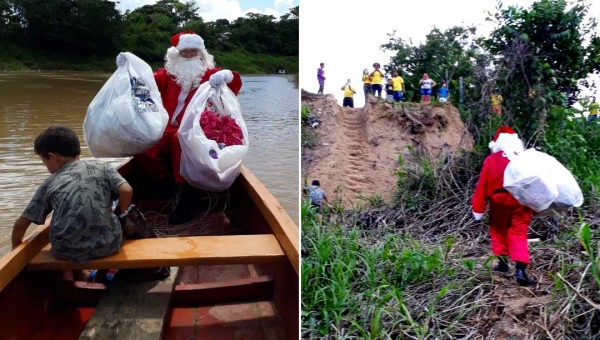Sem trenó, Papai Noel do Acre usa barco para entregar brinquedos em comunidade rural