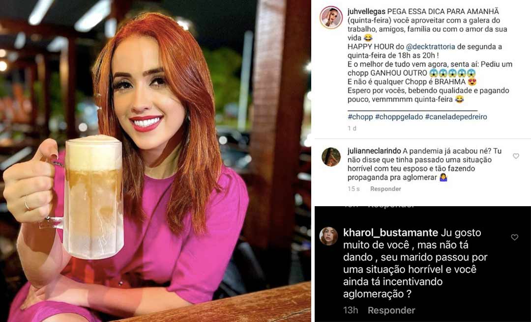 Após sofrer com covid-19, Juh Vellegas publica foto com bebida, sugere ida a restaurante e é criticada no Instagram