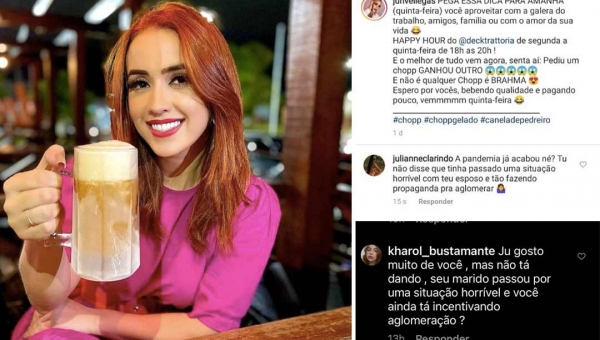 Após sofrer com covid-19, Juh Vellegas publica foto com bebida, sugere ida a restaurante e é criticada no Instagram