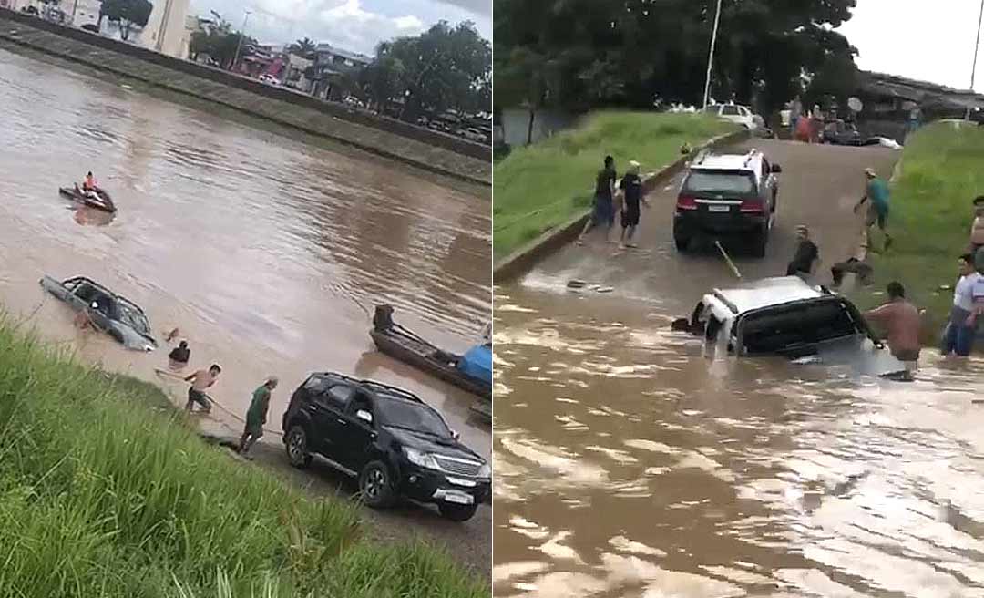 Motorista cai com caminhonete no rio Acre, no Bairro da Base; assista