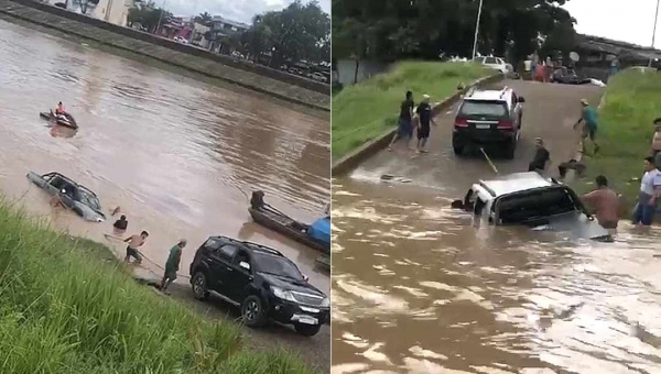 Motorista cai com caminhonete no rio Acre, no Bairro da Base; assista