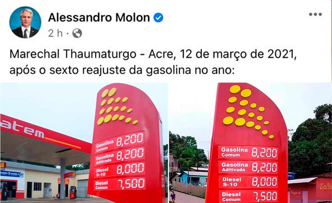 Preço da gasolina em Marechal Thaumaturgo assusta o restante do Brasil; litro do produto ultrapassa os R$ 8,00