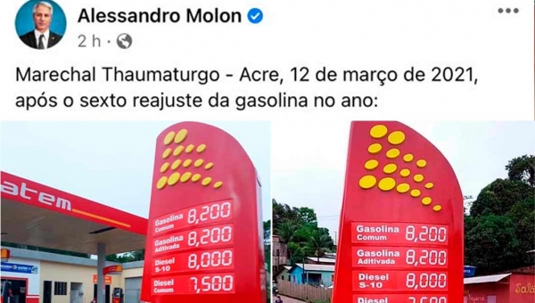 Preço da gasolina em Marechal Thaumaturgo assusta o restante do Brasil; litro do produto ultrapassa os R$ 8,00