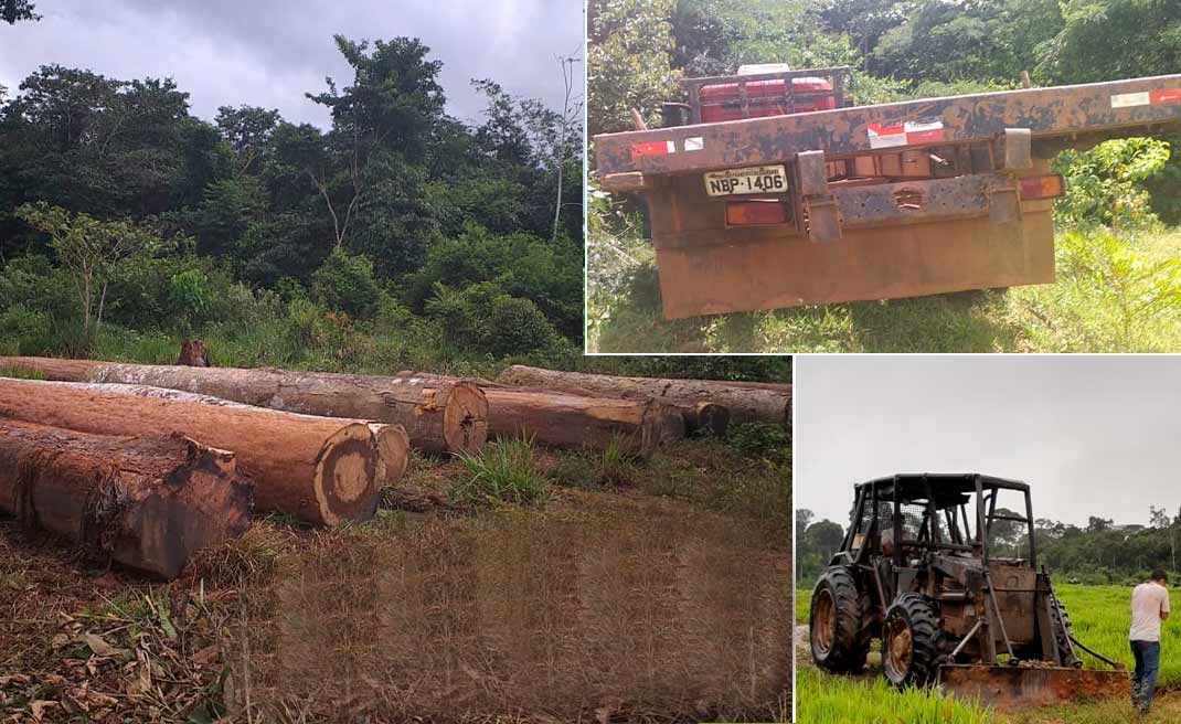 Imac e PM apreendem toras de madeira, trator e caminhão e prendem homem por crime ambiental em Acrelândia