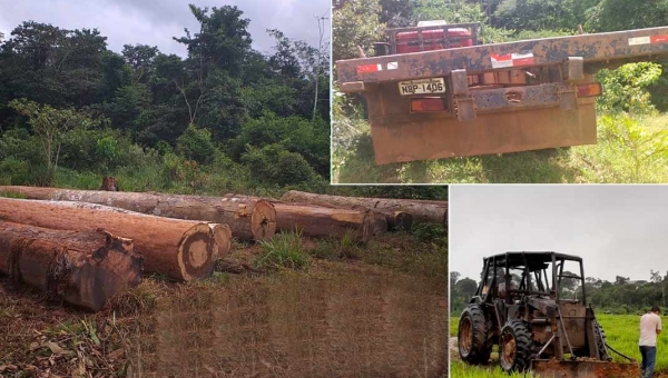 Imac e PM apreendem toras de madeira, trator e caminhão e prendem homem por crime ambiental em Acrelândia