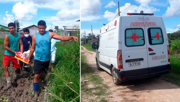 Com rua em precárias condições, idoso é retirado ‘no braço’ por familiares e equipe do Samu, em Tarauacá