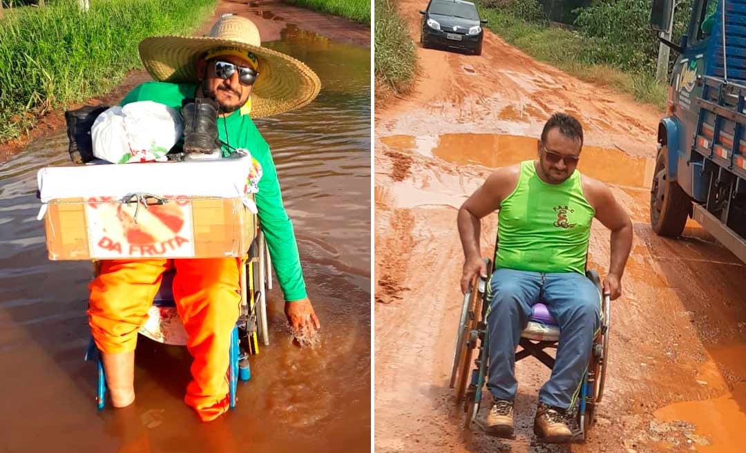 O drama do cadeirante que enfrenta lama e ramal alagado para trabalhar em Rio Branco