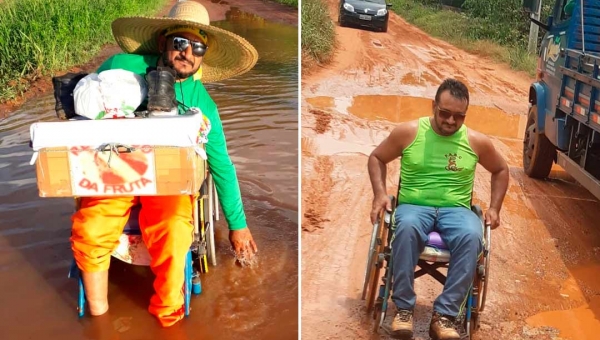 O drama do cadeirante que enfrenta lama e ramal alagado para trabalhar em Rio Branco