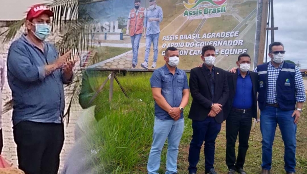 Em Assis Brasil, sob a mira de Cesário, prefeito Jerry Correia recebe Gladson com outdoor e clima de festa