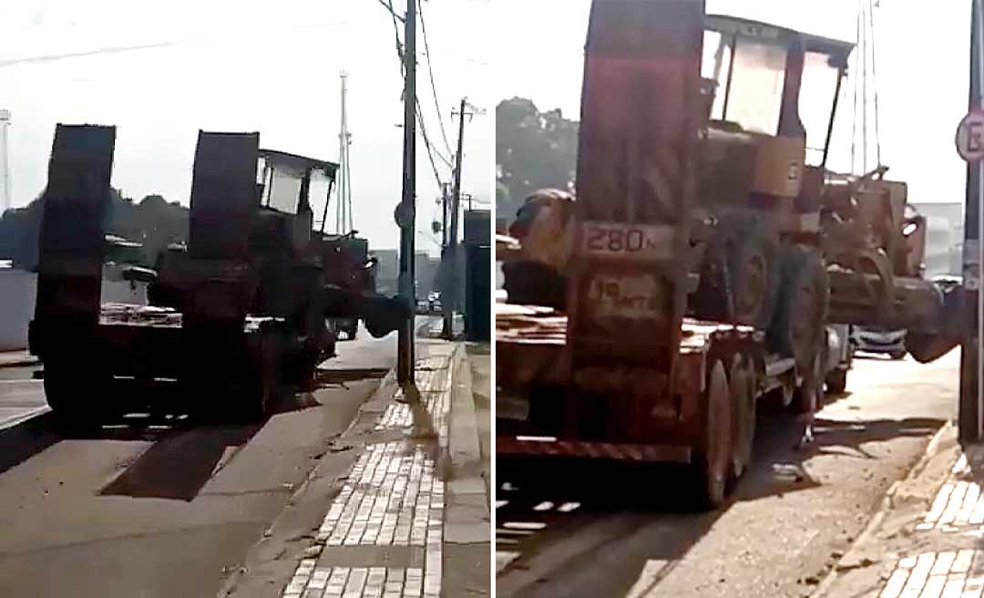 Máquina pesada por pouco não cai de cima de carreta na Rio de Janeiro, em Rio Branco