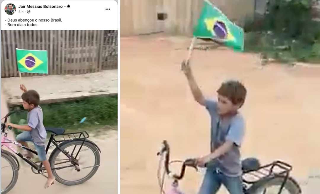 Com a bandeira do Brasil e de bicicleta, garoto de Tarauacá ganha destaque  no Facebook de