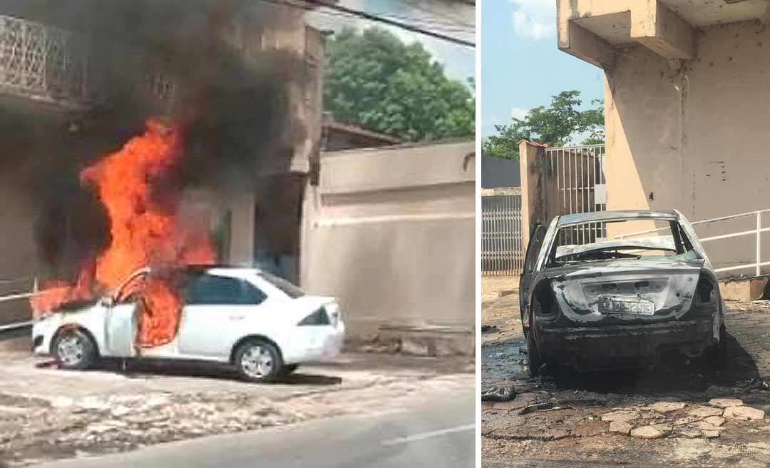 Carro é destruído pelo fogo no Bairro do Bosque, em Rio Branco