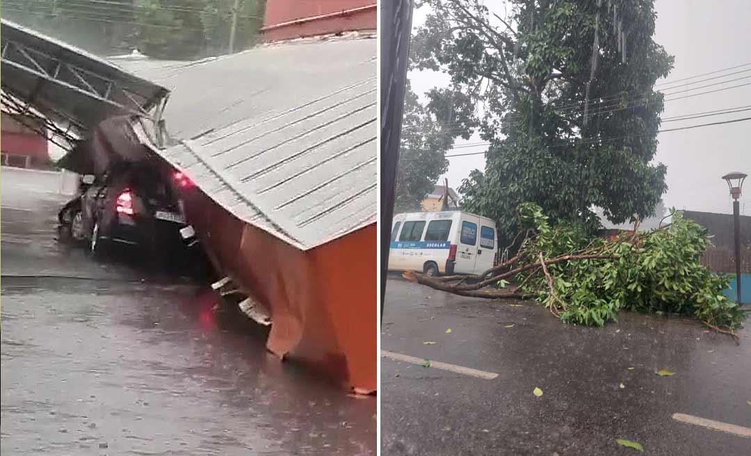 Forte temporal derruba parte de telhado de supermercado, danifica sacadas de lojas e até de hospital