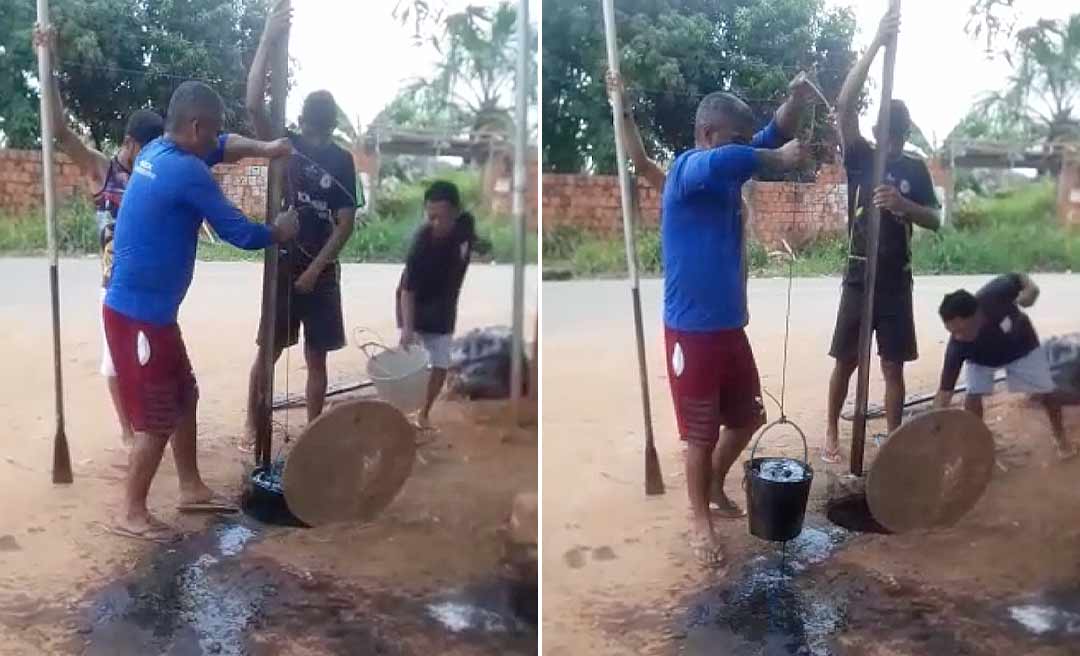 Moradores do São Sebastião usam baldes para desentupir rede de esgoto que ameaça transbordar