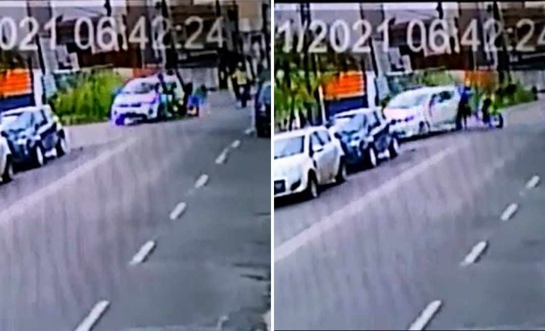 Vídeo mostra motociclista batendo em carro no cruzamento da Hugo Carneiro com a Farroupilha