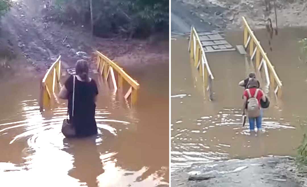 Com reforma da ponte do Judia paralisada, moradores atravessam pinguela com água na cintura