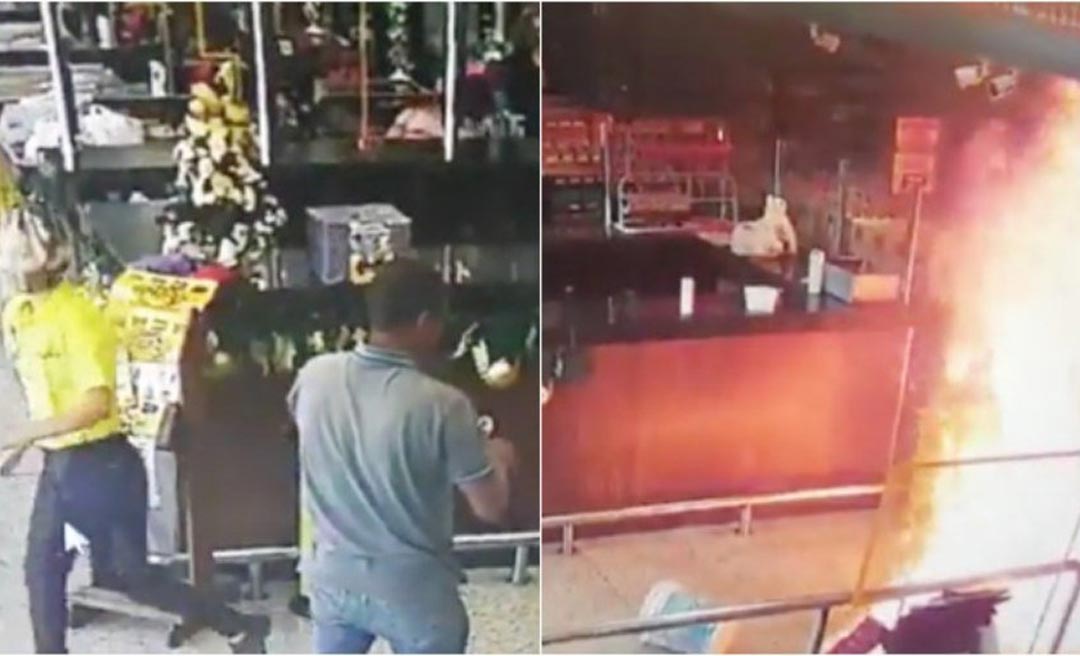 Homem despeja balde com líquido inflamável e ateia fogo dentro de supermercado em MG