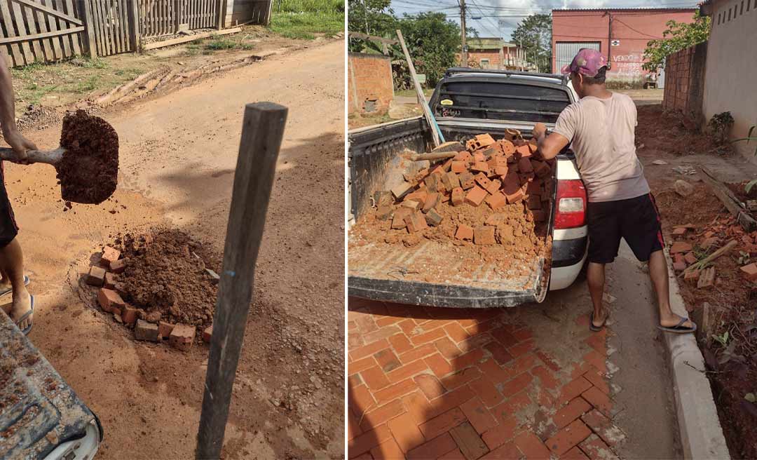 Moradores do bairro Canaã fazem trabalho da prefeitura e tapam buracos de avenida com barro e cimento