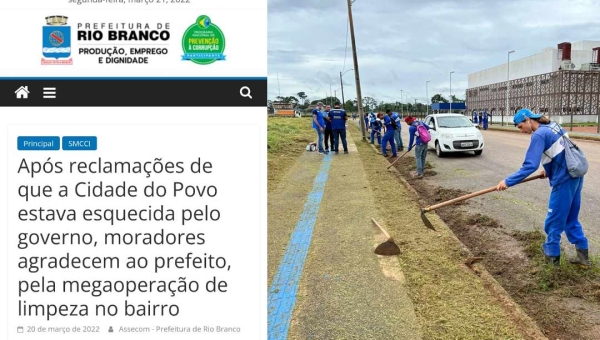 Portal da prefeitura de Rio Branco veicula crítica ao governo Cameli por abandonar a Cidade do Povo